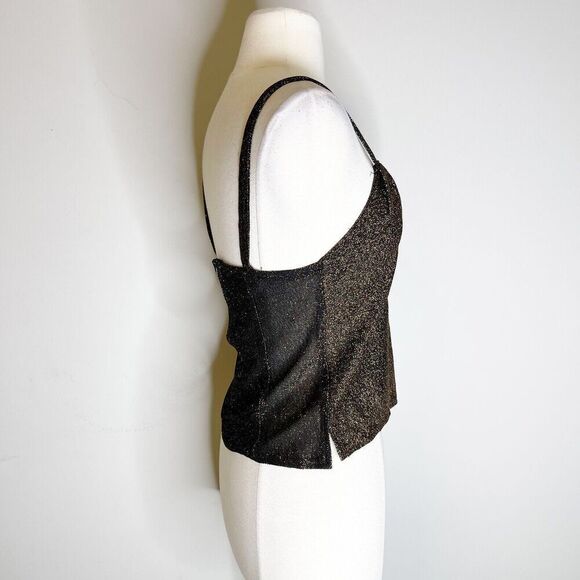 Vintage 80s XS/S Lurex Knit Tank Top Black Gold Strappy Crop Semi-Sheer Light - Picture 12 of 16